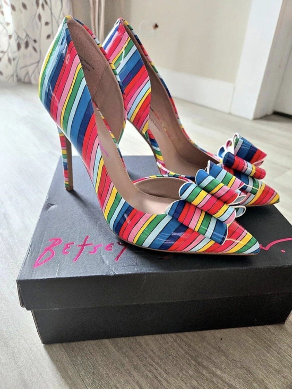 Betsey Johnson Prince-P Multicolor Striped Bow Heels